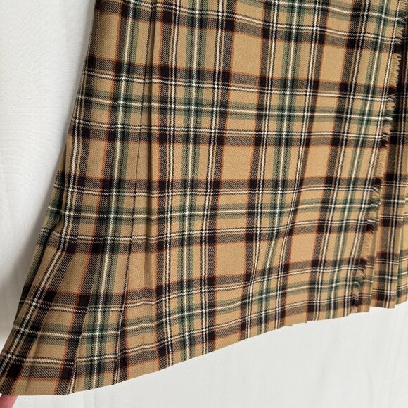 Vintage 80s The Edinburgh Woolen Mill Tan Plaid Pleated Wrap Midi Skirt Size 8 - Picture 4 of 13